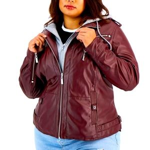 JOU JOU
Trendy Plus Size Faux-Leather Hoodie Moto Jacket- BROWN COLOR